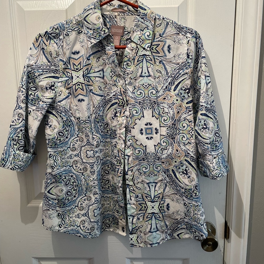 Chico's Wrinkle Resistant Button Down 3/4 Sleeve Top Size 0 (S 4-6) whit…